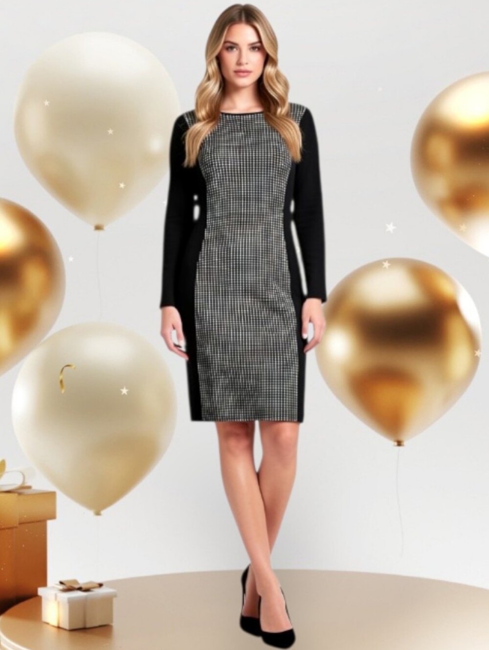 M❤️Suzy Shier Elegant Black&White Houndstooth Midi Dress